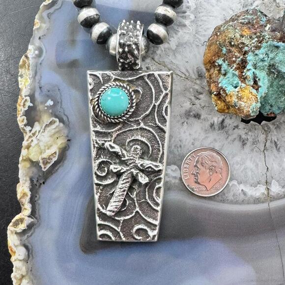 Cheyenne Custer Sterling Silver & Turquoise Dragonfly Tufa Cast Unisex Pendant - Picture 8 of 10